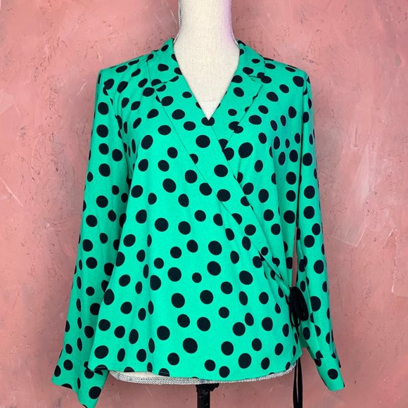 ZARA Green Polka Dot Tie Wrap Blouse/Green Wrap Blouse/Deep V Blouse/Flowy Lapel - Picture 1 of 6